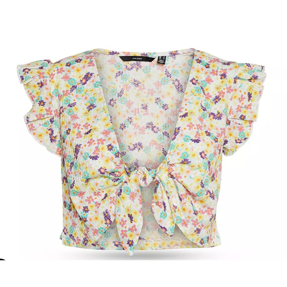 VERO MODA Tie-Front Knot Crop Top, Floral Print | Sz Small, New!   N1 - Picture 2 of 7